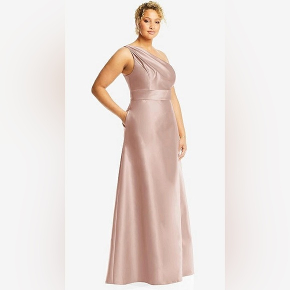 Alfred Sung NWT Draped One Shoulder Satin Maxi Dress w/ Pockets Toasted Sugar - Picture 3 of 10